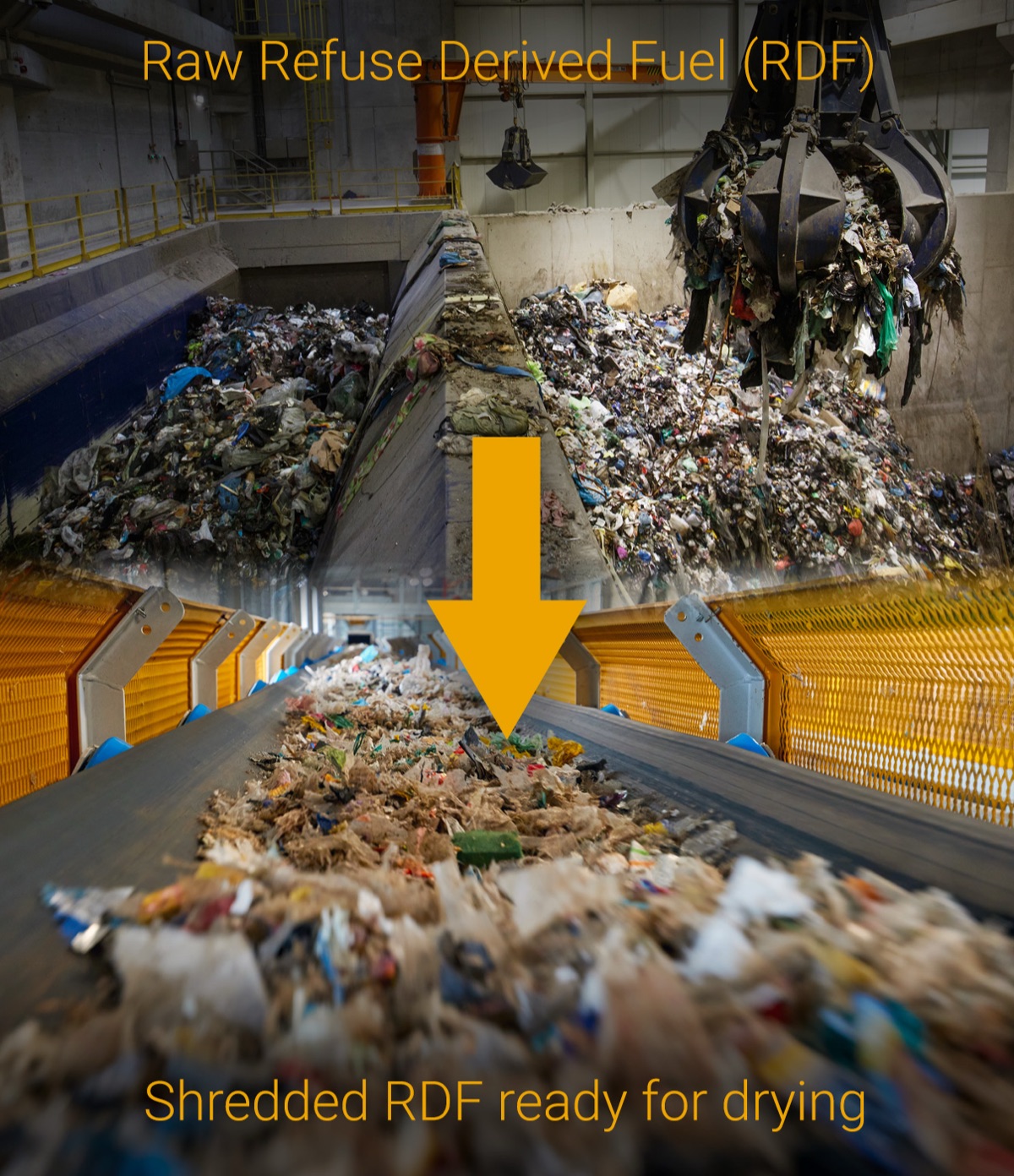 Raw Refuse Derived Fuel being shredded and prepared for FlowDrya drying