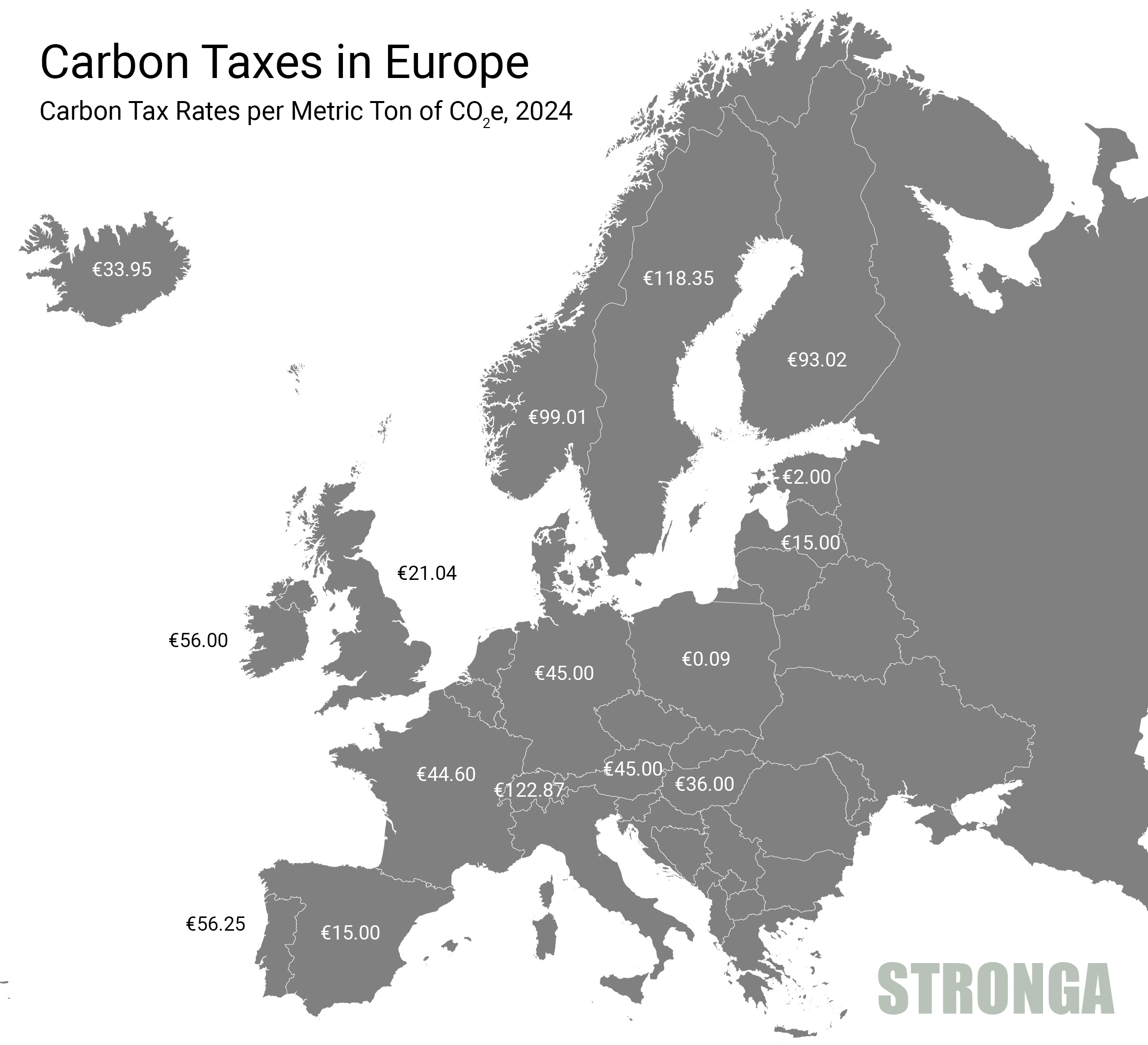 Mapa de los impuestos al carbono en Europa
